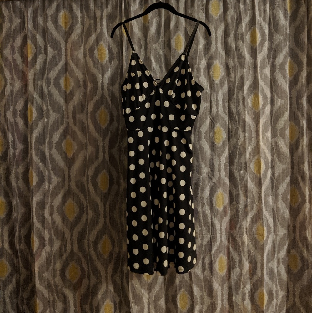Black polka dot dress.